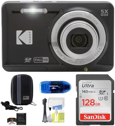 Kodak Pixpro FZ55 Digital Camera (Black) Bundle, Includes: SanDisk 128GB Memory Card, Hard Shell Camera Case, SD Card Reader and More (6 Items)