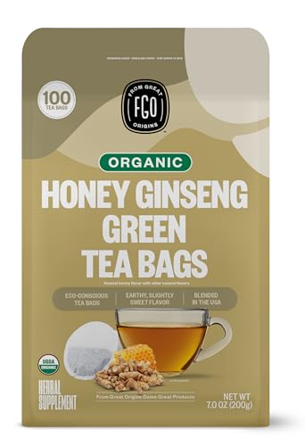 FGO Organic Honey Ginseng Green Tea, 100 Count, Eco-Conscious Tea Bags, Resealable Bag, Packaging May Vary (Pack of 1)