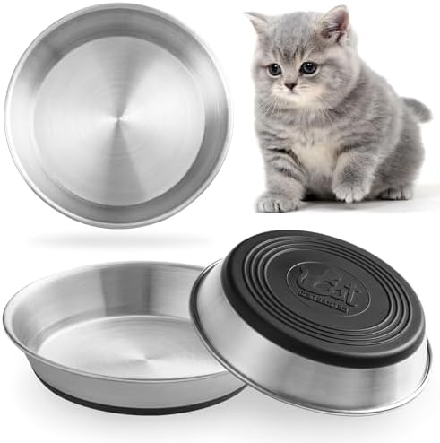 Stainless Steel Cat Bowls,Whisker Friendly Shallow Cat Dishes for Food and Water,Non-Slip Silicone Bottom,Heavy Duty,Replacement Kitten Metal Plate for Elevated Stands,3 Pack