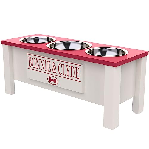 Personalized Elevated Triple Dog Bowl Stand for Large, Medium, Small, X-Small Dogs - 3 Stainless Steel Food and Water Bowls - Raised Dog Dish with Internal Storage (Large, Pink)