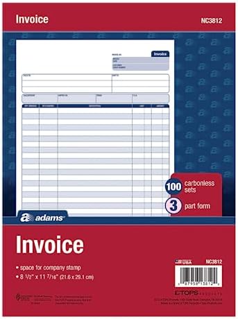 Adams Invoice Unit Set, 8.5 x 11.44 Inch, 3-Part, Carbonless, 100-Pack, White and Canary and Pink (NC3812)