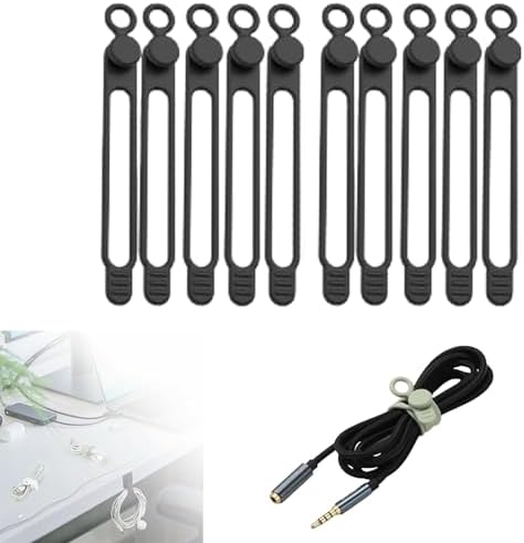Silicone Cable Ties, 2024 New Data Cable Organizer Silicone Cable Ties Reusable Cable Management Organizer Multipurpose Cable Management for Travel/Portable/Office/Home Desk (Black, 10 Pcs)