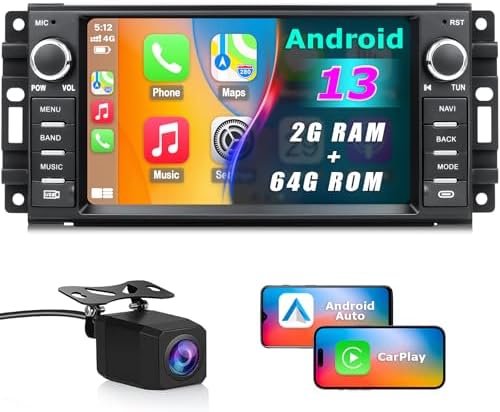 Car Stereo for Jeep Wrangler JK 2007-2018 Radio Dodge Ram 1500 2500 3500 Touchscreen Stereo with Android Auto, GPS Navigation, Bluetooth, SWC, FM, AM, Backup Camera