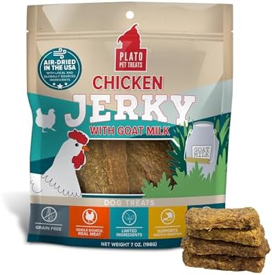 PLATO Pet Treats Jerky Dog Treats - Air-Dried Jerky for Dogs - Delicious, Real Meat Dog Treats - Grain Free - Supports Healthy Digestion - Chicken Jerky with Goat Milk 7oz