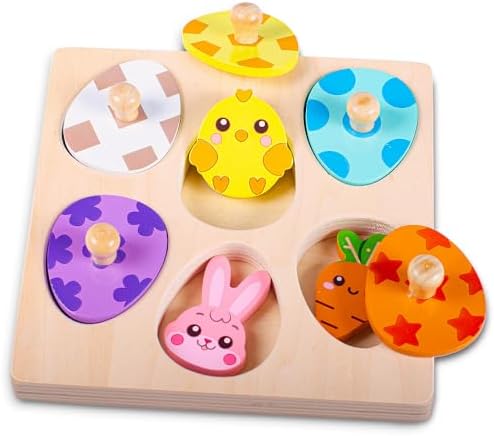 Easter Basket Stuffers - Easter-Themed Wooden Peg Puzzle for Toddlers 1-3, Montessori Educational Toy and Learning Activity