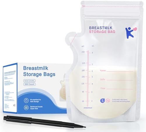 Milk Storage Bags Breastmilk, 200 Count Breastmilk Storage, Easy to Pour Sealable Breastmilk Storage Bags, Self Standing Breast Milk Storage Bags, BPA Free Leak Proof, 8 Oz