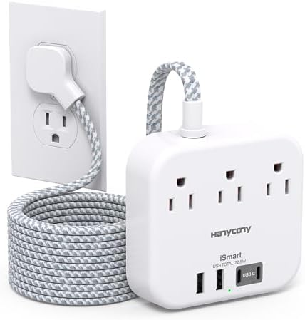 Flat Extension Cord, 5Ft Travel Power Strip with 3 Outlets and 4 USB Ports(2 USB C), Desktop Charging Station No Surge Protector for Travel, Cruise Ship and Dorm Room Essentials, ETL Listed, White