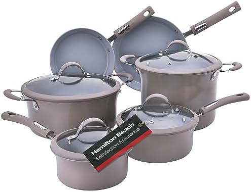 Hamilton Beach Cookware Set, 10-Pieces, Pots, Pans, and Glass Lids, Nonstick PFOA-Free, PTFE-Free Ceramic Interior, Heavy-Duty Aluminum Construction, Modern Matte Gray, Professional Tapered Shape