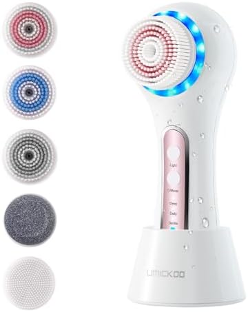Face Scrubber Exfoliator,Facial Cleansing Brush Rechargeable IPX7 Waterproof with 5 Brush Heads,Electric Face Spin Brush for Exfoliating, Massaging and Deep Cleansing (White+Pink)