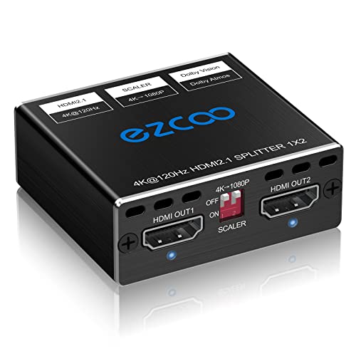 HDMI 2.1 Splitter 4K 120Hz 8K 60Hz 1 in2 Out VRR ALLM HDCP2.3 HDR10 8KUHD Dolby Vision Atmos Scaler 4K EDID 1080P Dual Monitors HDMI 2.1 Splitter 1X2 for PS5 SkyQ Xbox NVIDIA AMD
