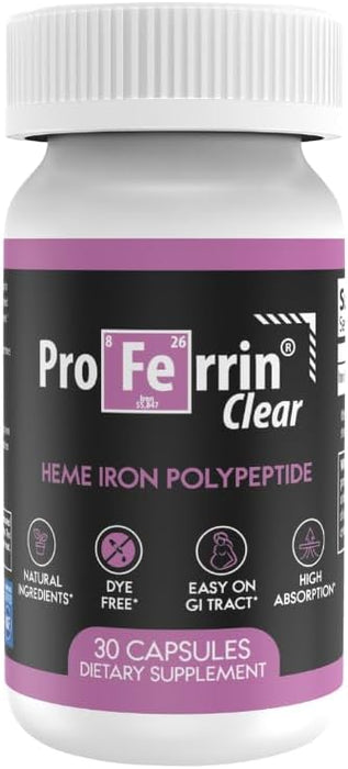 Proferrin Clear 30ct | US Made heme Iron for high Absorption, Easy on GI Tract | Natural, NSF Certified, dye Free