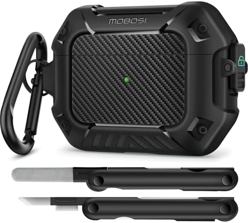 MOBOSI for AirPods Pro 2nd/1st Generation Case, Secure Lock Clip Carbon Fiber Case Cover with Keychain, Full Body Shockproof Hard Shell Protective Cover for AirPods Pro Case (2023/2022/2019), Black