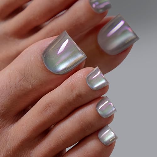 BTArtbox Press On Toenails - Lamp-Curable Real Square Chrome Toe Nail Press Ons with Glue for Women, Semi-Transparent Fake Toe Nail Tips in 15 Sizes - 30 Toenails Kit, Galaxy Gleam