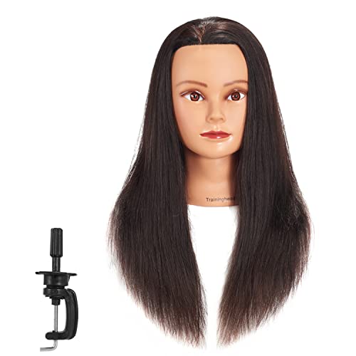 Traininghead 20-22'' Female Mannequin Head 100% Human Hair Hairdresser Training Practice Head Cosmetology Manikin Head Doll Head with Clamp Stand (1711-16'')