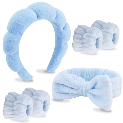VELSCRUN 6 Pack Spa Headbands - Makeup, Face Wash, Skincare Hair Accessories With Blue Sponge Bow Tie Wristbands, Women's Gift Set