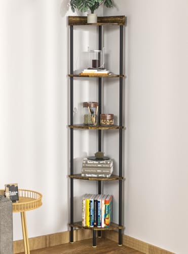 Nidouillet 5 Tier Corner Shelf, 65" Tall Corner Shelf Stand with Rustic Display Rack, Industrial Corner Bookshelf Bookcase Plant Stand for Living Room, Bedroom, Bathroom, Kitchen, Office (Brown)