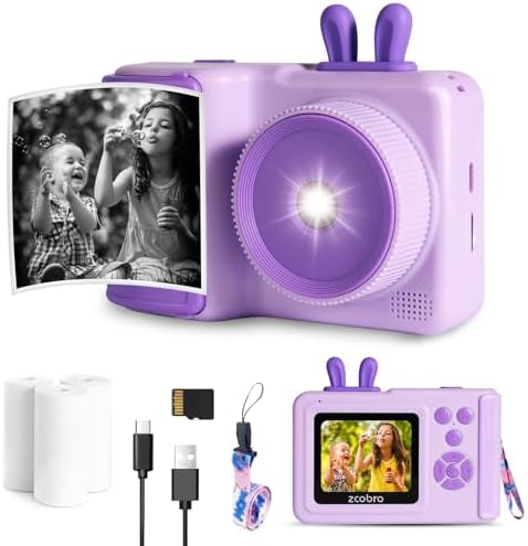 Instant Print Camera for Kids Digital Camera Christmas Birthday Gifts for Girls Boys 1080P HD Digital Video Cameras for Toddler Portable Camera Toy for 3 4 5 6 7 8 9 10 11 12 Year Old Girl Purple