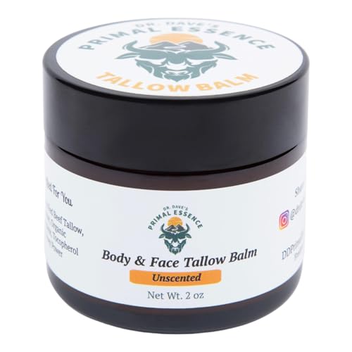Dr. Dave's Primal Essence Grass Fed Beef Tallow for Skin - Tallow Balm with Shea Butter, Organic Jojoba Oil, Honey, Beeswax - Face and Body Moisturizer - Unscented - 2 oz