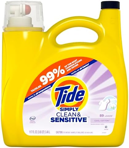 Tide Simply Clean & Sensitive Laundry Detergent, Cool Cotton Scent, 89 Loads, 117 Fl Oz, Tide Laundry Detergent, Laundry Soap
