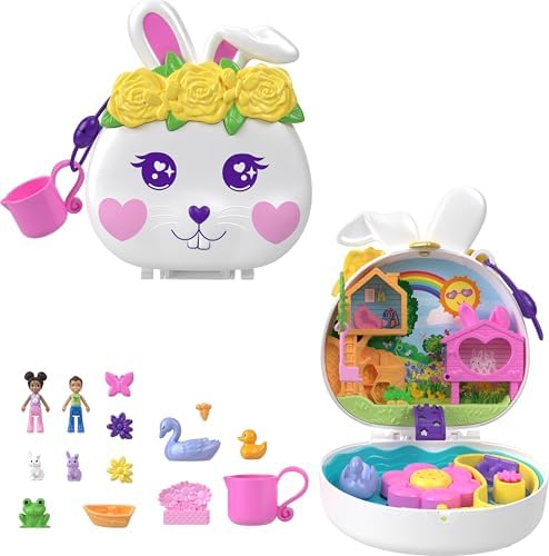 Polly Pocket Flower Garden Bunny Compact Playset with 2 Micro Dolls & 12 Accessories, Including 2 with Color Change