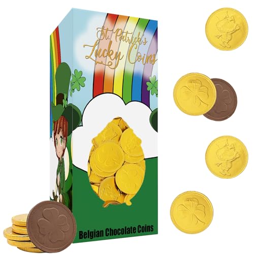 The Dreidel Company St. Patrick's Day Lucky Belgian Milk Chocolate Gold Coins, Nut-Free, Kosher Certified Dairy, Leprechaun Box (1 Pound)