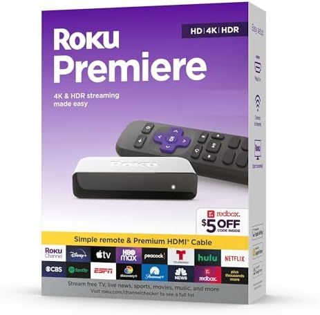 Roku Premiere HD | 4K | HDR Streaming Media Player, Wi-Fi Enabled, with Premium High Speed HDMI Cable and Simple Remote (Renewed)