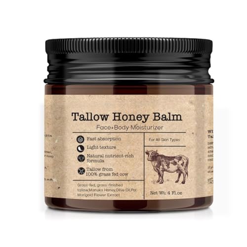 Beef Tallow Honey Balm for Skin : Grass-Fed Beef Tallow Moisturizer For Face and Body, Tallow Cream with Manuka Honey Beeswax Olive Oil, 4 oz