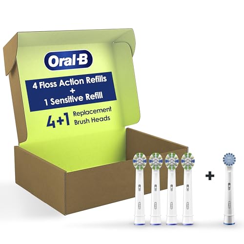 Oral-B FlossAction Electric Toothbrush Replacement Brush Heads, White, 4 Count + 1 Sensitive White