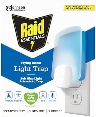 Raid Essentials Flying Insect Light Trap Starter Kit, 1 Plug-In Device + 1 Cartridge, Featuring Light Powered Attraction