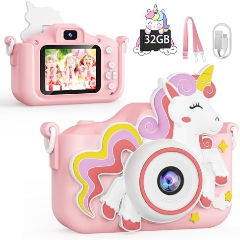 KOKODI Kids Camera Toy Digital Camera for Kids, Birthday Gifts for Girls Age 3-12, 1080P HD Video Camera for Toddler, Unicorn Children Toys for 3 4 5 6 7 8 9 Year Old Girls with 32GB SD Card