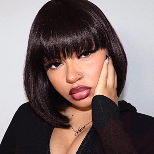 ToyoTress Short Bob Wigs With Bangs - 12 Inch Light Brown Yaki Straight Hair Daily Costume Wig For Black Women, Soft Light Synthetic Hair Replacement Wigs Heat Resistant (12 Inch, #4-612H)