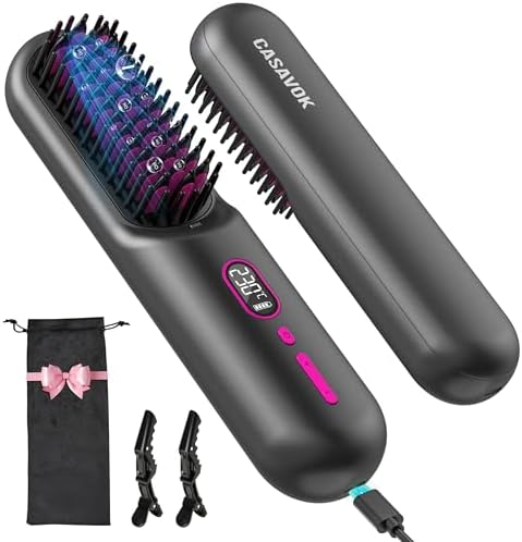 Cordless Hair Straightener Brush for Travel,Mini Hair Straightener Comb with Negative Ion,Portable hot Brush for Women, Rechargeable 9600mAh Battery, Anti-Scald,12 Temp-Setting