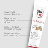 EltaMD UV Physical Tinted Face Sunscreen, SPF 41 Tinted Mineral Sunscreen with Zinc Oxide, Water Resistant up to 40 Minutes, Protects Extra Sensitive and Post Procedure Skin, Oil Free, 3.0 oz Tube