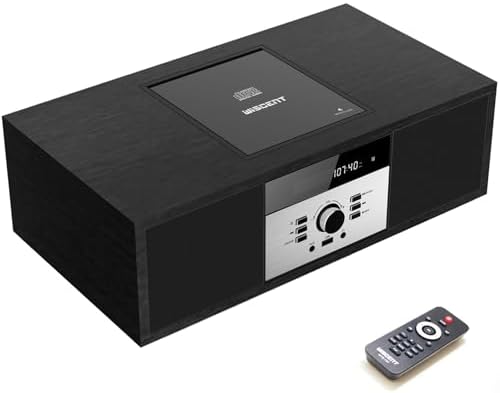 Nostalgic Bluetooth Stereo System for Home, WISCENT Vintage Micro HiFi Systems CD Player,with Bluetooth Audio Streaming,FM Radio,USB Port,Aux-in,Earphone Port (Black CD Player)