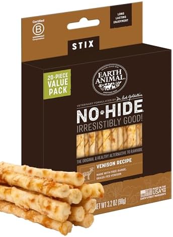 Earth Animal No-Hide Stix Venison Recipe Natural Rawhide Alternative Dog & Cat Chews | 20 Count Pack of 1