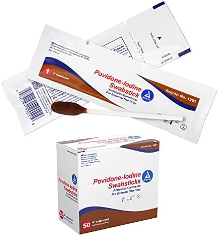 Dynarex Povidone Iodine Swabsticks, Swabstick Packaged in Individual Foil Pack, Antiseptic for Skin Preparation, Brown, 1 Box of 50 Dynarex Povidone Iodine Swabsticks