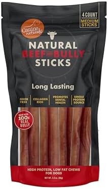 Canine Naturals | Natural Beef & Bully Sticks | Long-Lasting, Odor Free, High Protein Chews Made with 100% Real Bully | 4 Count Medium Sticks