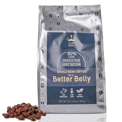 Glorybrew Low Acid Whole Bean Coffee 1 lb I Medium Roast Beans I For Sensitive Stomachs - Less Irritation I Unique Screw Cap for Fresh Coffee I 100% Natural