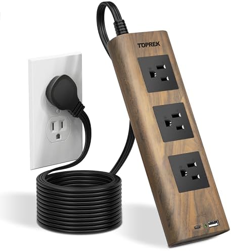 Power Strip with USB, TOPREK Power Strip Surge Protector (1800J), 10 FT Ultral Thin Flat Plug Power Strip with 3 Widely-Spaced AC Outlets, 1 USB-C & 1 USB-A, Wood Finish Power Strip for Home, Office