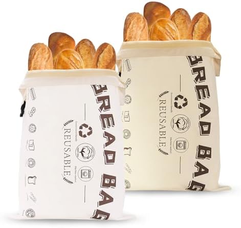 2 Pack Reusable Bread Bags for Homemade Bread, Sourdough Bread Bags Reusable, Cotton Bread Bag with TPU Liner, Homemade Bread Storage Bag Freezer for Fresh Keeping BPA Free (Beige & White)