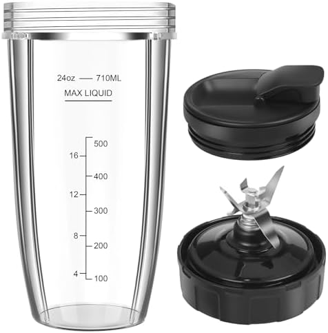 Blender Replacement Parts for Ninja, 24oz Ninja Blender Cup Replacement with To-Go Lid & 7-Fins Extractor Blade for Nutri Ninja Blenders BL2012 NN100-30 BL480-30 BL640-30 BL642-30 BN801 3pcs