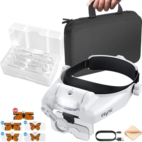 eSynic Comfortable Head Magnifier with Light Storage Case Rechargeable 1X-14X 5 Acrylic Lenses Double Lens Design Adjustable Headband Magnifying Glass for Reading Crafts Jewelry Repair Close Work