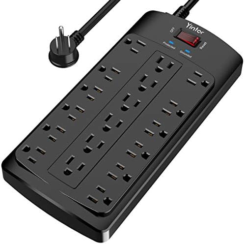 6FT Yintar Surge Protector Power Strip - Flat Plug Extension Cord with 18 AC Outlets for Home, Office, Dorm Essentials, 2100 Joules, ETL, Black