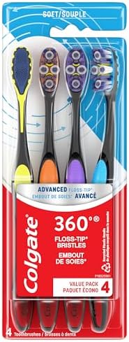 Colgate 360 Advanced Floss Tip Toothbrush, Soft Toothbrush for Adults, 4 Pack