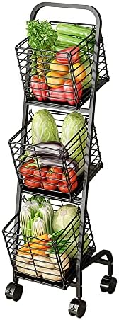 3-Tier Fruit Basket Stand for Kitchen, Wire Market Basket Food Storage Stand with Wheels, Vegetable Produce Pantry Basket Organizer