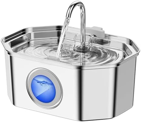 Cat Water Fountain Stainless Steel 108oz/3.2L, APAUK Automatic Pet Fountain Dog Water Dispenser with Water Level Window, Quiet Cat Fountain for Drinking, Inside with Replacement(1 Filter&1 Sponge)
