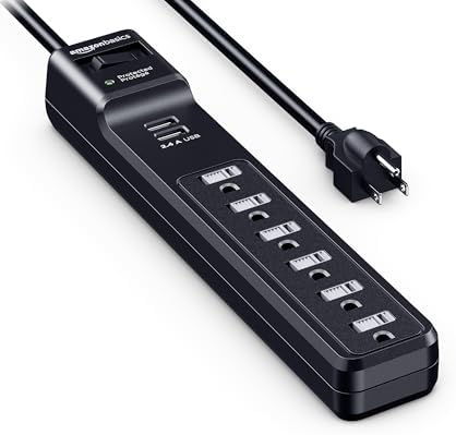 Amazon Basics Power Strip Surge Protector with 6 Outlets, 2 USB Ports, 1000 Joule Protection, 6 ft Extension Cord, Rectangle, Black
