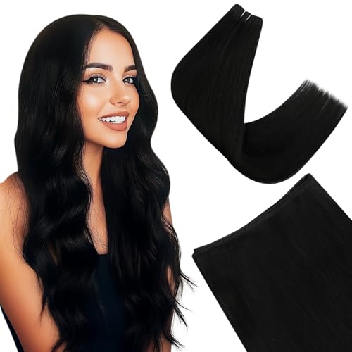Easyouth Sew in Hair Extensions Real Human Hair Black Weft Human Hair Extensions Sew in Weft Hair Extensions Human Hair Bundles Double Weft Extensions Full Head 20 Inch 100G