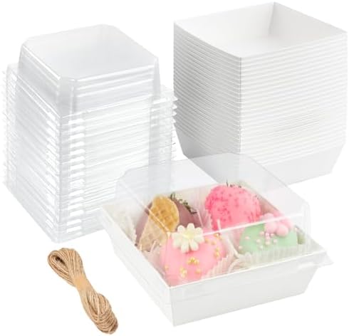50 Pack Small Paper Charcuterie Boxes with Clear Lids, 4×4 Inch Mini Cake Slice Boxes To Go Bakery Containers for Individual Desserts, Cookies, Strawberries, Treats (White)