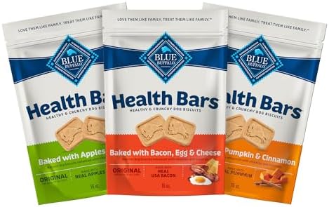 Blue Buffalo Health Bars Crunchy Dog Biscuits, Variety Pack, Bacon, Egg & Cheese, Apple & Yogurt, Pumpkin & Cinnamon, 16-oz Bags